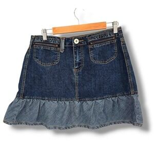 Baccini‎ Denim Mini Skirt Ruffle Hem Y2K Pockets Dark Wash Size 10